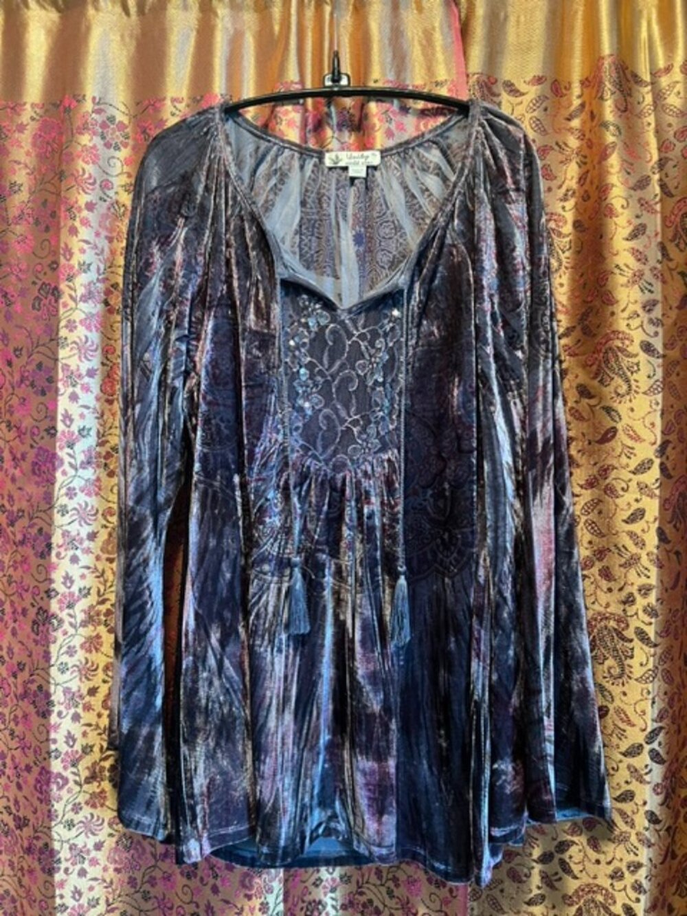 Velvet Boho Top Flare Sleeve Embellished Lace Tassel